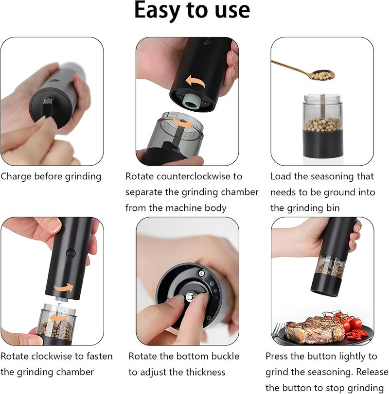 Yehenarn Electric Pepper Grinder,Electric Pepper Mill Grinder,Adjustable Coarseness,Efficient And Convenient,Easy To Clean,One Handed Operation,Type-C Rechargeable, A Reliable Assistant In The Kitchen(Black) - Image 3